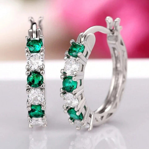 14K White Gold Plated Green Round Cut Cubic Zirconia Men Women Hoop Earrings