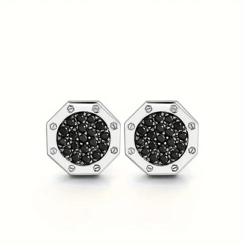 Octagon Micro Pave 14K White Gold Plated Cubic Zirconia Men's Stud Earrings