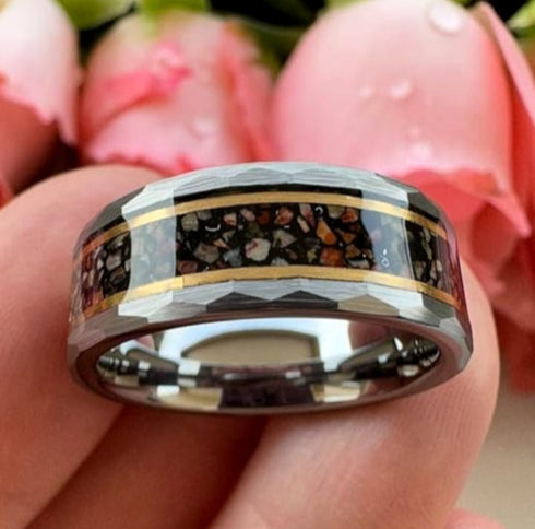 Men's 8mm Tungsten Dinosaur Bone & Meteorite Hammered Comfort-Fit Wedding Band
