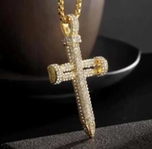 Men's Exquisite Iced Micro Pave 14K Gold Plated CZ Nail Cross Pendant Necklace