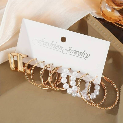 6 Pairs 14K Gold Plated Golden Hoop Earrings With Faux Pearl Decor Korean Style