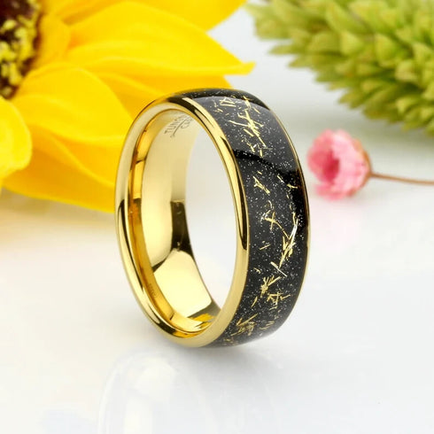 Men's 8mm Titanium Yellow Gold Leaf & Black Sandstone Comfort-Fit Wedding Band