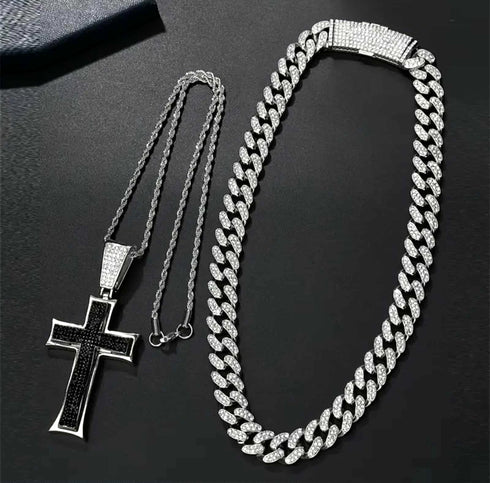 3-Pc Iced Out 14K Gold Plated CZ Black Cross Pendant W/20" Rope Chain+Cuban Necklace