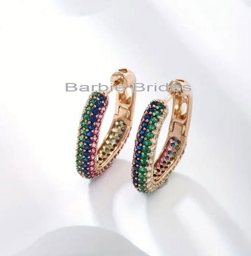 Multicolor Micro Pave 14K Gold Plated Cubic Zirconia Women U-Shape Hoop Earrings