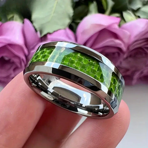 Men 8mm Titanium Beveled-Edges Green Carbon Fiber Inlay Comfort-Fit Wedding Band