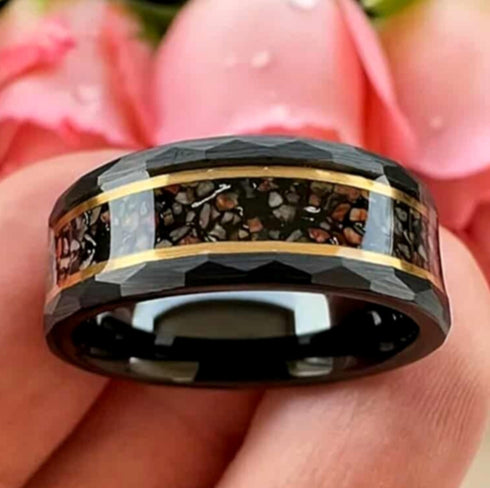 Men's 8mm Tungsten Dinosaur Bone & Meteorite Hammered Comfort-Fit Wedding Band