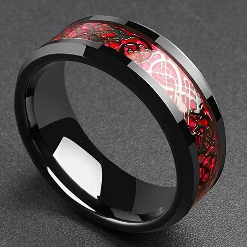 Beveled Edges Red Celtic Dragon Comfort-Fit 8mm Tungsten Wedding Band Ring