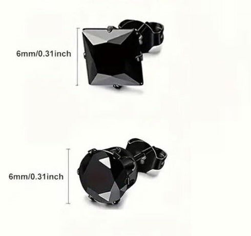 2 Pairs Titanium Steel Black Square CZ & Round CZ Stud Earrings For Men Women