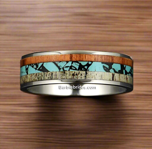 Men's 8mm Titanium Deer Antler Crushed Turquoise Comfort-Fit Wedding Band