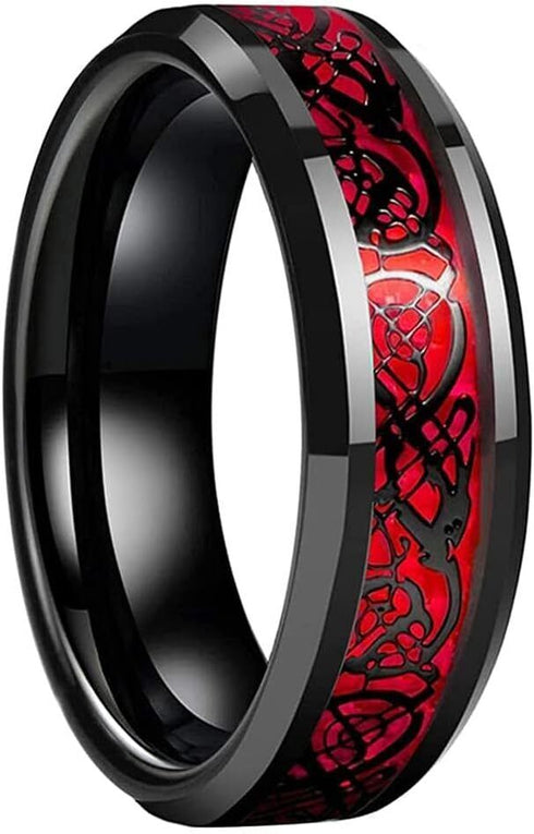 Men's 8mm Tungsten Beveled Edges Red Celtic Dragon Comfort-Fit Wedding Band Ring