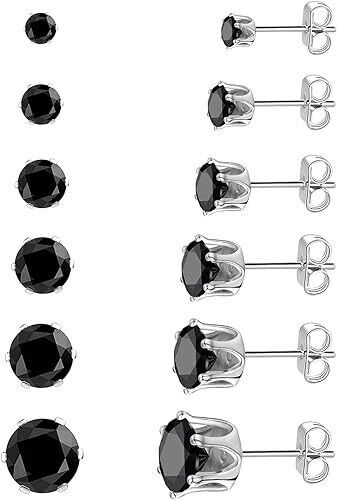 6 Pairs 316L Surgical Steel Black CZ 3/4/5/6/7/8mm Solitaire Men Women Earrings