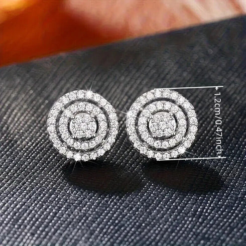 Paved 18K White Gold Plated Cubic Zirconia Round Halo Cluster Men Women Earrings