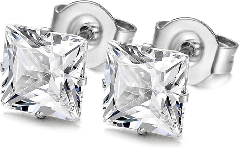2 Pairs of 316L Surgical-Steel Black & Silver Square CZ Men Women Stud Earrings
