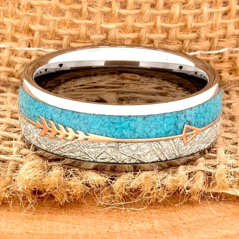 Men's 8mm Tungsten Cupid's Arrow Turquoise & Meteorite Inspired Wedding Band