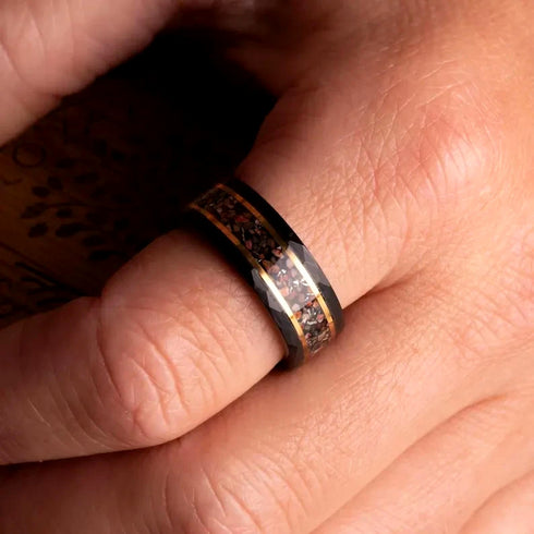 Men's 8mm Tungsten Dinosaur Bone & Meteorite Hammered Comfort-Fit Wedding Band