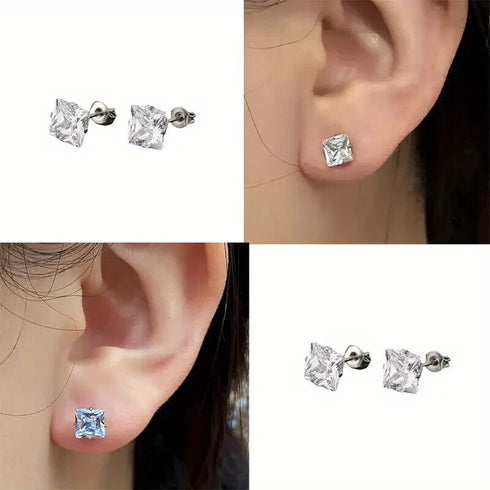 3 Pairs 14K Gold Plated Square Cubic Zirconia Solitaire Men Women Stud Earrings