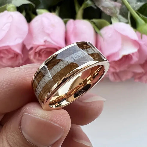 Men's 8mm Tungsten Deer Antler Whiskey Barrel Wood Inlay Engagement Wedding Band