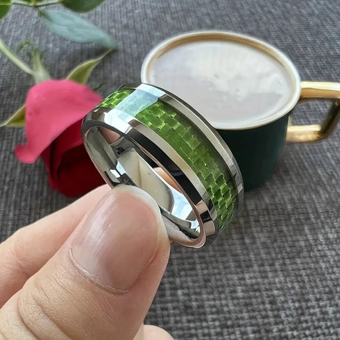 Men 8mm Titanium Beveled-Edges Green Carbon Fiber Inlay Comfort-Fit Wedding Band