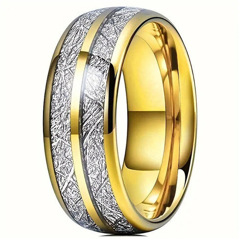 Men's 8mm Tungsten Yellow Gold Double Line Meteorite Inspired Domed Band