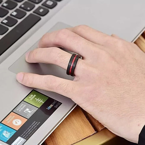 Men's 8mm Tungsten Brushed Black W/Red Grooved Center Comfort Fit Wedding Band