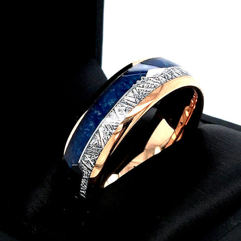 Men's 8mm Rose Gold Tungsten Blue Lapis Lazuli & Meteorite Inspired Wedding Band