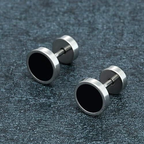 2 Pairs Of 316L Surgical Steel Punk Black & Silver Men Women Barbell Earrings