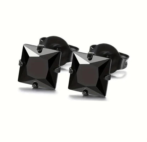 2 Pairs Titanium Steel Black Square CZ & Round CZ Stud Earrings For Men Women