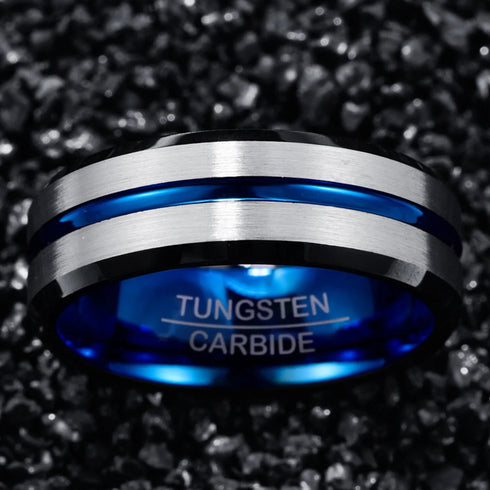 Men 8mm Tungsten Brushed Silver W/Blue Grooved Center Beveled-Edges Wedding Band