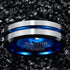 Men 8mm Tungsten Brushed Silver W/Blue Grooved Center Beveled-Edges Wedding Band