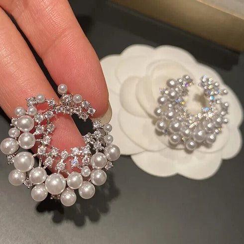 Stunning White Pearl Round 18K White Gold-Plated Cubic Zirconia Women Earrings