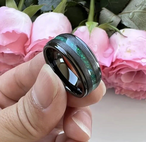 Tungsten Beveled Edges Black Emerald Opal Siderite 8mm Wedding Band