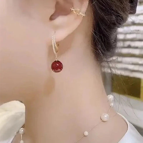 Stunning Red Pearl Drop 14K Gold-Plated Cubic Zirconia Women Earrings
