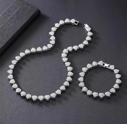 2-Pcs FULLY ICED 14K Gold Plated Heart Shape CZ Tennis Chain Necklace & Bracelet