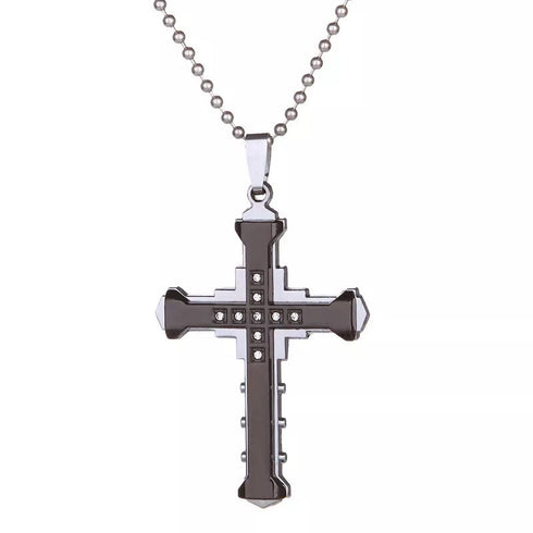 Titanium Stylish & Elegant Black/Gold Cubic Zirconia Cross Pendant Necklace