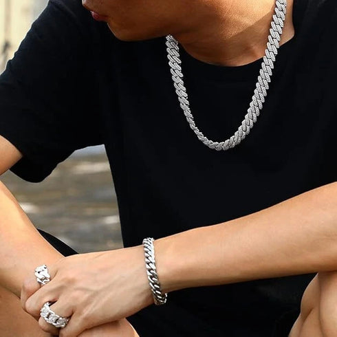 2-Pc Men FULLY ICED Thick 14K Gold Plated CZ Miami Cuban Link Necklace & Bracelet