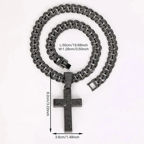 Rhodium Plated Iced Out Black CZ Cuban Chain Cross Pendant & Necklace