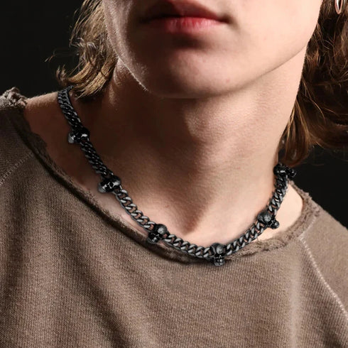 2 Pcs Black Gothic Thorns Skull Rhodium Plated Cuban Halloween Necklace & Bracelet