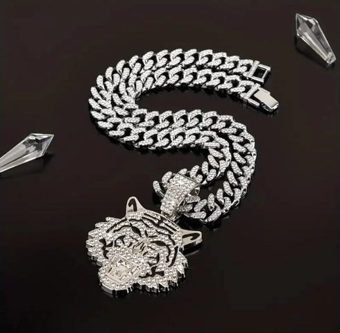 3 Pc Iced Out 14K Gold Plated CZ Tiger Head Pendant & Cuban Chain Necklace & Bracelet