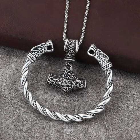 Nordic Viking Wolf Head Thor's Hammer Men Women Mjolnir Necklace & Bracelet Set