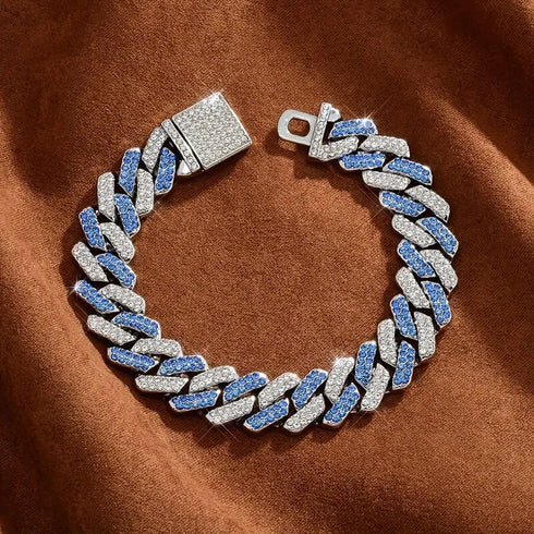 2 Pc Men Women FULLY ICED Rhombus Blue Cuban Link Chain 2Row CZ Necklace & Bracelet