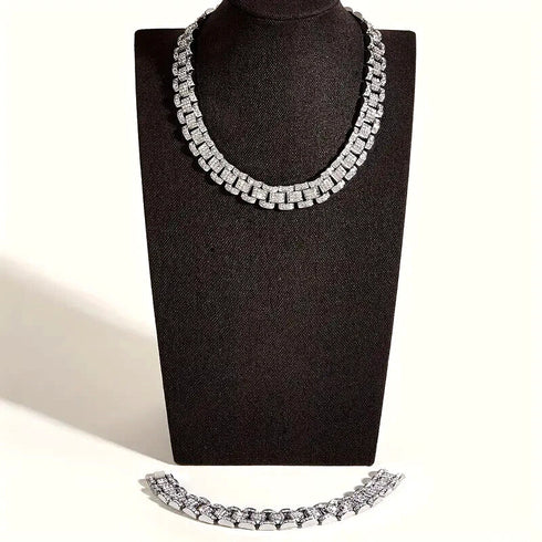 2Pc Men FULLY ICED Watch Band Baguette Chain 14KGold Plated CZ Necklace & Bracelet