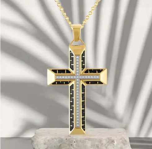 Iced Out Bling 18K Gold Plated Cubic Zirconia Cross Pendant Necklace