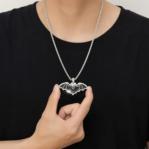 Iced Out Paved 14K White Gold Plated Cubic Zirconia Black Bat Pendant Necklace