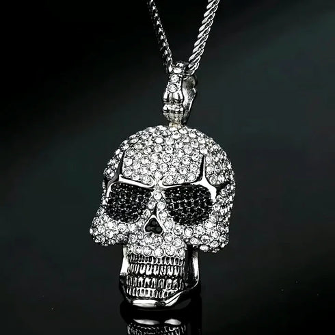 Iced Out 14K White Gold Plated Cubic Zirconia Sugar Skull Head Pendant Necklace