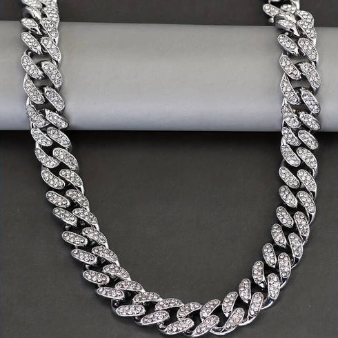 2Pc FULLY ICED 14K White Gold Plated CZ Miami Cuban Link Chain Necklace & Bracelet