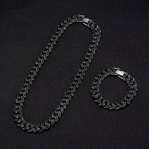 2Pcs Men Iced Out Gun Black Rhodium Plated CZ Cuban Link 55CM Necklace & Bracelet Set