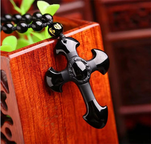 Good Luck Amulet Obsidian Cross Beaded Pendant Necklace