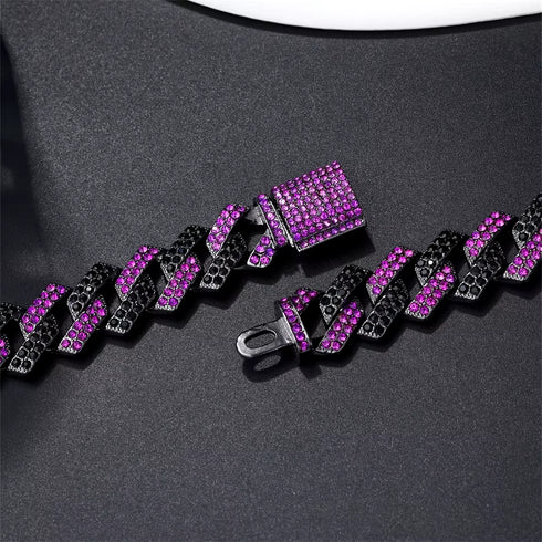 2Pc FULLY ICED Bling Rhodium Plated Purple Black CZ Cuban Link Necklace+Bracelet