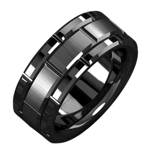 Men's 8mm Tungsten Black Grooved Bushed Brick Pattern Comfort-Fit Wedding Band