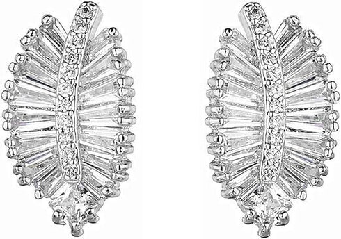 Dazzling Palm Leaf 14K White Gold Plated AAA Cubic Zirconia Women Stud Earrings